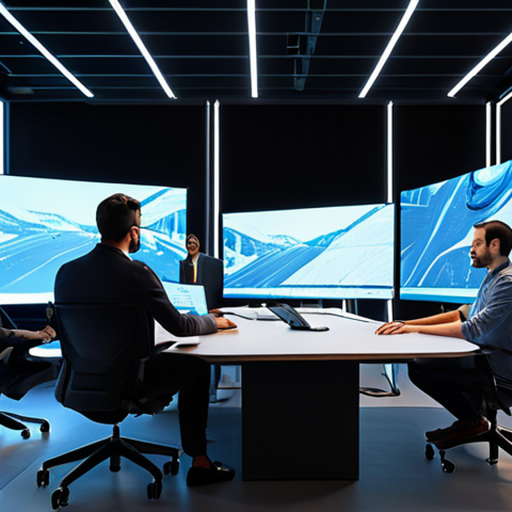 A diverse team of professional animators and AI specialists, fully clothed in professional business casual attire, collaborating in a futuristic, modern animation studio. Large screens display complex 3D models and conceptual art generated by AI, alongside video conferencing showing international collaborators. The studio features sleek desks, ergonomic chairs, and subtle lighting. The atmosphere is innovative and cooperative. Perfect anatomy, correct proportions, natural poses, well-formed hands, proper finger count, natural body proportions. Safe for work, appropriate content, fully clothed, professional. High-quality professional photography, ultra-detailed, cinematic.