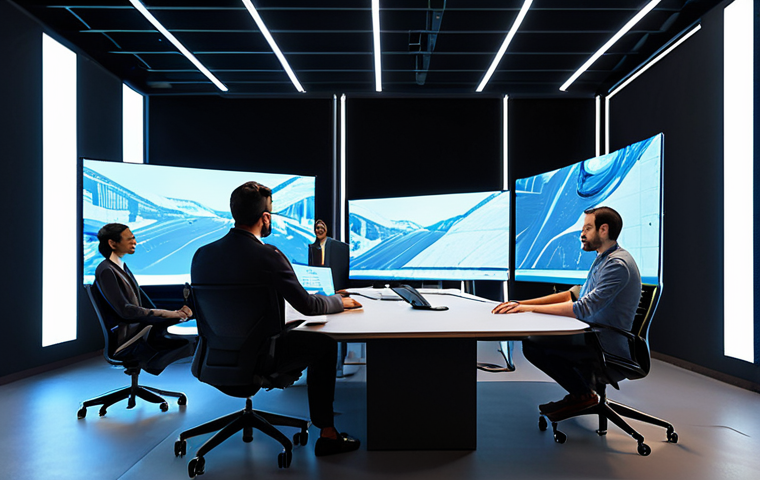 A diverse team of professional animators and AI specialists, fully clothed in professional business casual attire, collaborating in a futuristic, modern animation studio. Large screens display complex 3D models and conceptual art generated by AI, alongside video conferencing showing international collaborators. The studio features sleek desks, ergonomic chairs, and subtle lighting. The atmosphere is innovative and cooperative. Perfect anatomy, correct proportions, natural poses, well-formed hands, proper finger count, natural body proportions. Safe for work, appropriate content, fully clothed, professional. High-quality professional photography, ultra-detailed, cinematic.