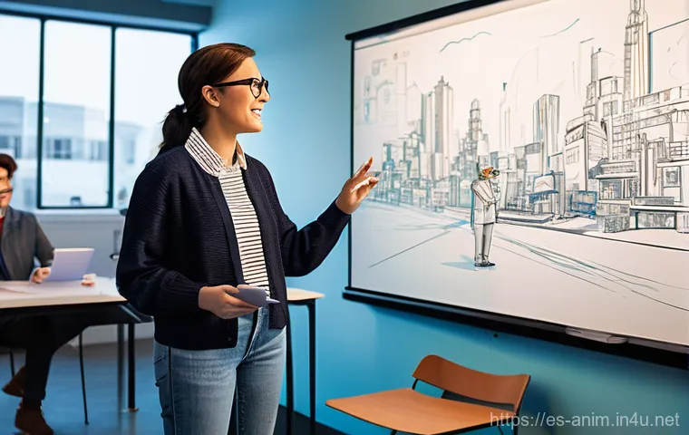 애니메이션 기획 관련 세미나와 워크숍 - **Prompt:** A dynamic scene depicting an animation team's brainstorming session in a bright, modern ...