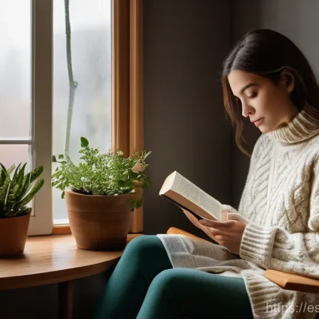 애니메이션 기획사의 협상력 키우기 - **Cozy Rainy Day Reading:** A young woman, appearing to be in her early twenties, is depicted in a w...
