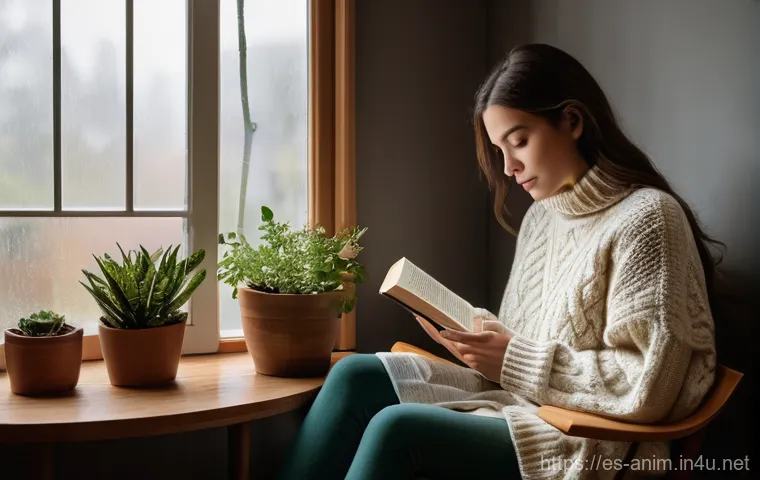 애니메이션 기획사의 협상력 키우기 - **Cozy Rainy Day Reading:** A young woman, appearing to be in her early twenties, is depicted in a w...
