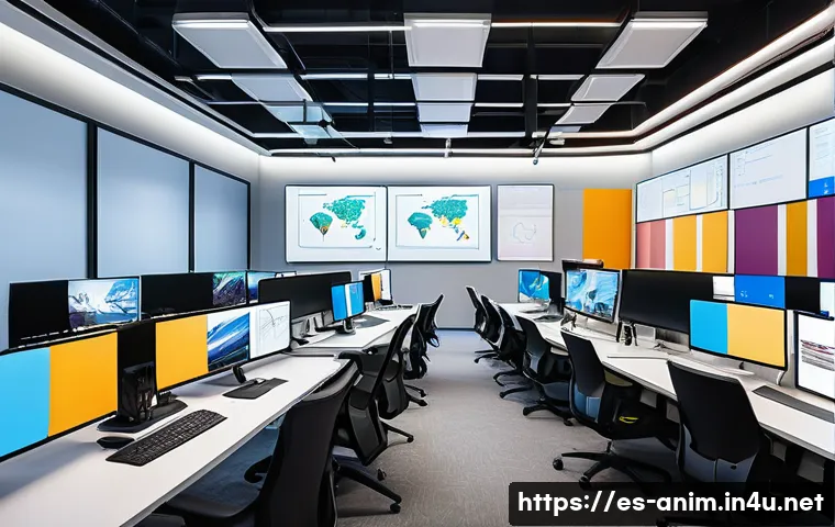 애니메이션 기획사의 클라우드 기술 활용 - A vibrant, modern animation studio workspace showing a diverse international team of animators colla...