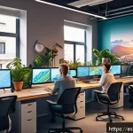 Home 22 애니메이션 기획사 입사 준비 팁 - A modern animation studio workspace in Spain, featuring a diverse team of animators collaborating ar...