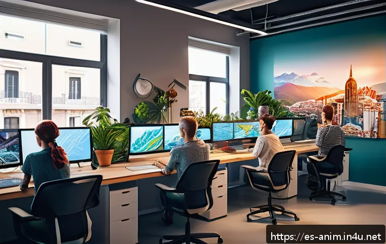 애니메이션 기획사 입사 준비 팁 - A modern animation studio workspace in Spain, featuring a diverse team of animators collaborating ar...