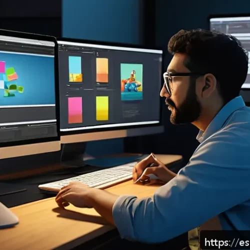 Home 33 애니메이션 기획사의 해외 취업 전략 - A professional animator’s modern digital workspace showcasing a diverse portfolio on multiple screen...