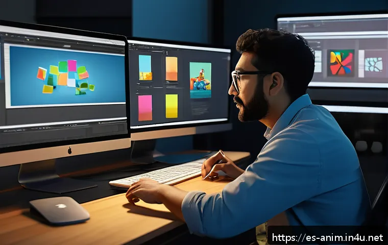 애니메이션 기획사의 해외 취업 전략 - A professional animator’s modern digital workspace showcasing a diverse portfolio on multiple screen...