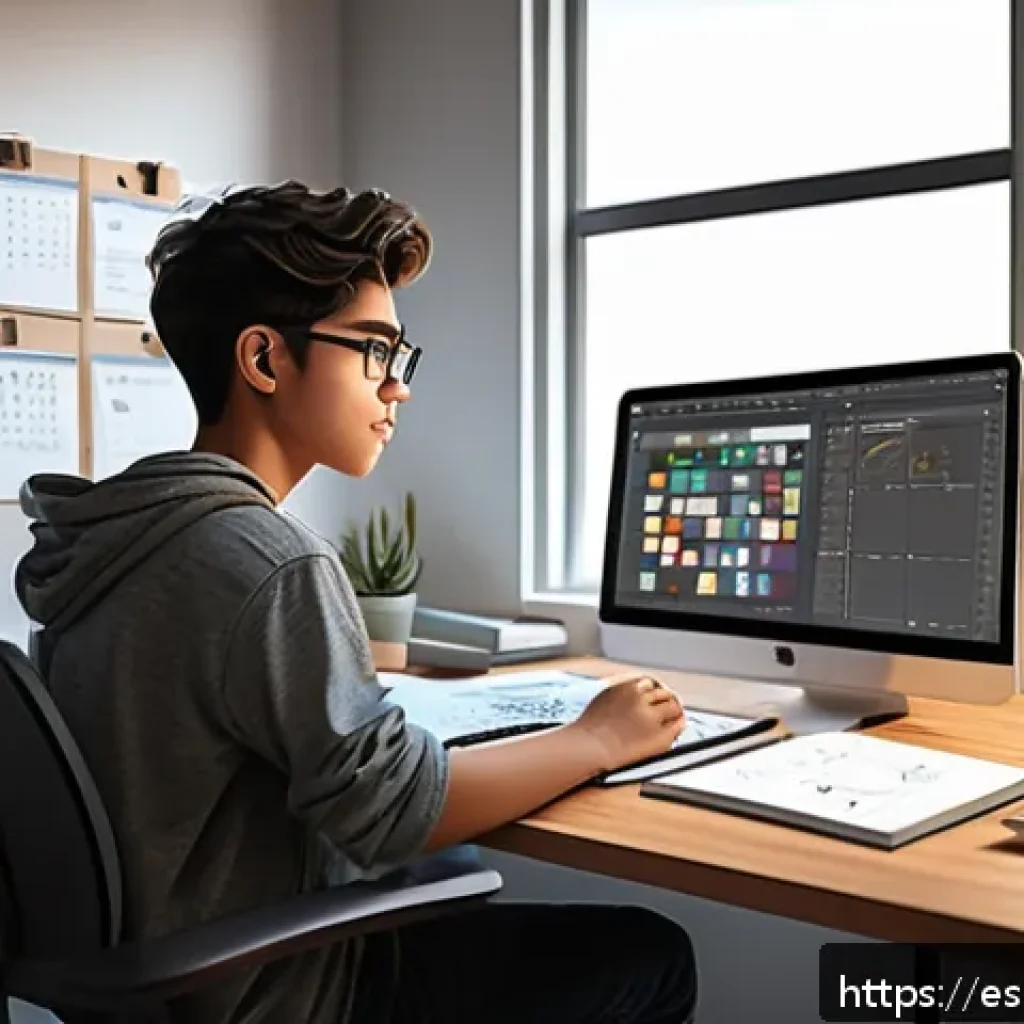 애니메이션 기획 실기 시험 준비 방법 - A detailed digital art scene of a young animation student working diligently at a cluttered desk in ...