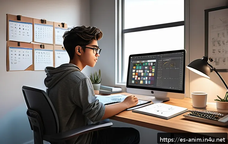 애니메이션 기획 실기 시험 준비 방법 - A detailed digital art scene of a young animation student working diligently at a cluttered desk in ...